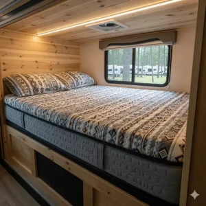 A custom short queen mattress perfectly fitted inside a compact RV bedroom, highlighting its use in recreational vehicles.