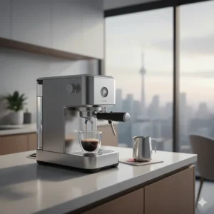 A space-saving espresso machine in a compact Canadian apartment, ideal for those seeking the best espresso machine in Canada for small kitchens.
