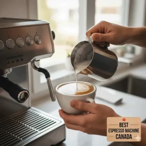A person using a powerful steam wand to create latte art, a key feature of the best espresso machine in Canada for making cappuccinos.