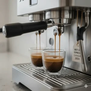 Close-up of rich golden crema flowing from a portafilter, demonstrating the performance of the best espresso machine for Canadian coffee enthusiasts.