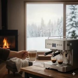 A steaming latte prepared with the best espresso machine in Canada, set against a cozy window view of a snowy Canadian winter morning.