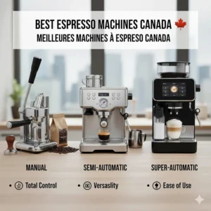 A comparison layout of the best espresso machines available in Canada, featuring manual, semi-automatic, and super-automatic models.