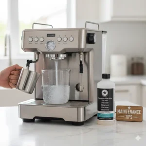 An espresso machine being descaled, providing maintenance tips to keep the best espresso machine in Canada running perfectly in regions with hard water.