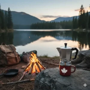 Illustration of a portable espresso maker next to a campfire and a Canadian maple leaf mug at a lakeside campsite.