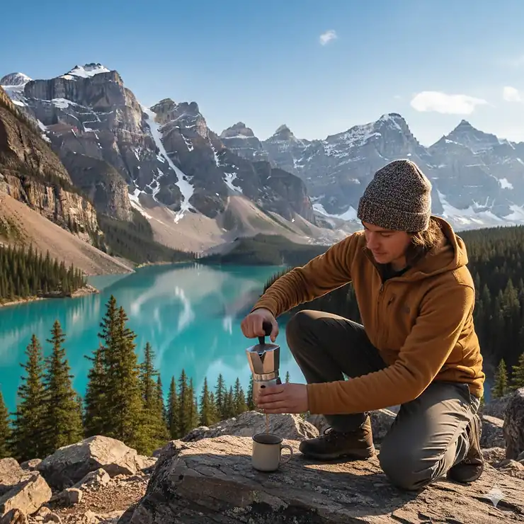 A person brewing coffee with a portable espresso maker overlooking the Rocky Mountains in Banff, Alberta.