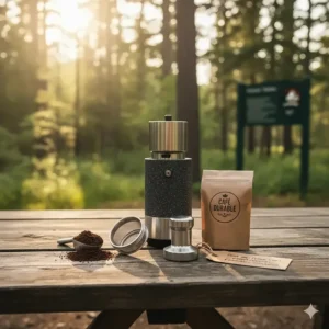 Eco-friendly portable espresso maker with reusable filters, highlighting sustainable coffee brewing for Canadian travelers.