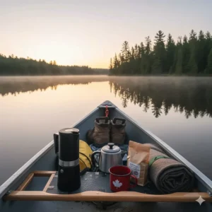 Illustration of lightweight coffee gear, including a portable espresso maker, inside a red canoe on a peaceful Ontario lake.