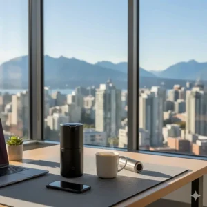 A compact espresso maker on a modern glass desk with a view of the Vancouver skyline, showing a quick office caffeine fix.