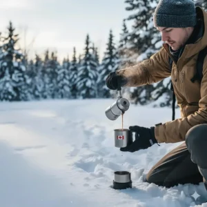 Handheld espresso maker being used by a hiker in a snowy Gatineau Park trail during a Canadian winter.