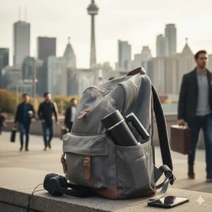 A sleek, handheld espresso maker fitting into a backpack side pocket, ideal for a morning commute in Toronto or Montreal.