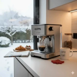 Affordable espresso machine alongside a Canadian breakfast, illustrating the best budget espresso machine Canada for daily routines.