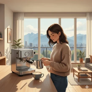 A minimalist illustration of a home barista brewing a latte with an affordable espresso machine in a bright Vancouver-style apartment.