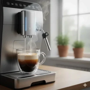 Integrated milk frothing system on a bean to cup machine creating a creamy cappuccino with professional foam.