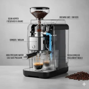 Internal diagram of a super automatic espresso machine grinding fresh coffee beans for a perfect Canadian roast.