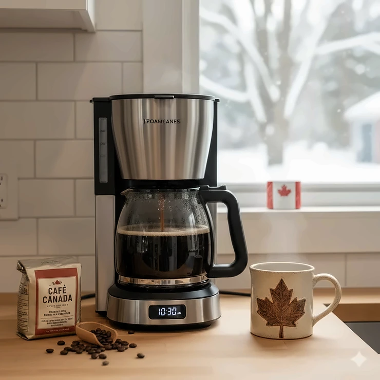 Top-rated 12 cup drip coffee maker brewing fresh coffee in a modern Canadian kitchen. / Cafetière goutte à goutte de 12 tasses préparant du café frais.