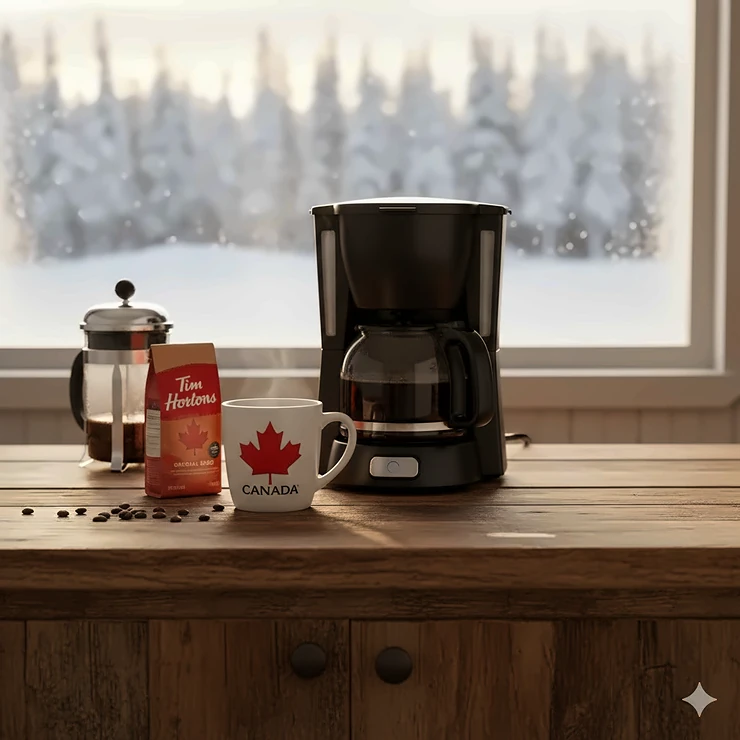 A modern budget drip coffee maker on a wooden kitchen island with a Canadian maple leaf mug and a view of a snowy pine forest through the window.