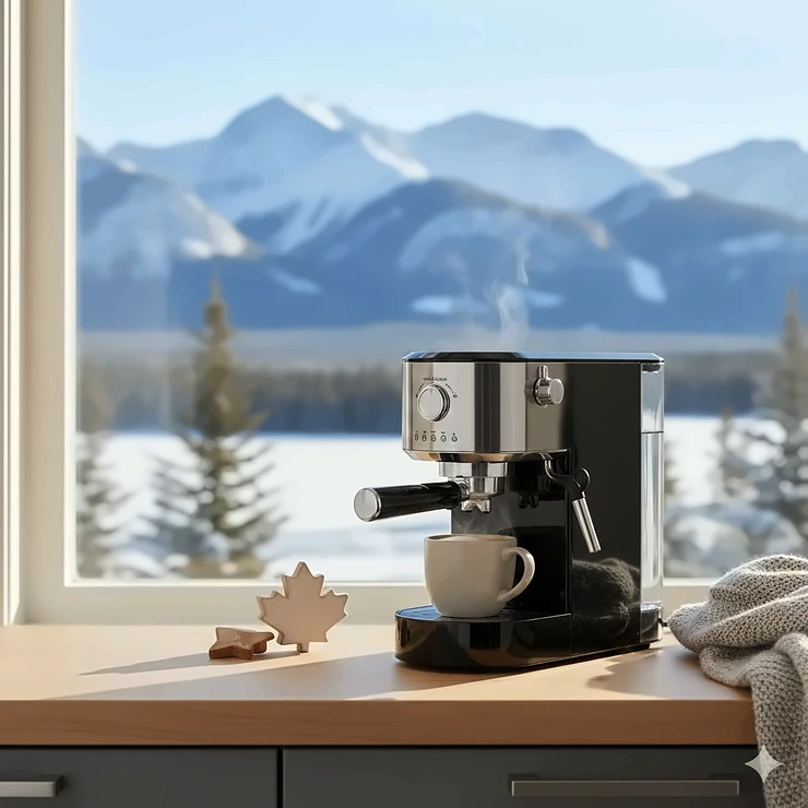 A sleek compact espresso machine on a modern kitchen counter with a snowy Canadian landscape visible through the window.