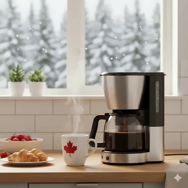 A modern stainless steel drip coffee maker brewing a fresh pot in a sunlit Canadian kitchen with a maple leaf mug.