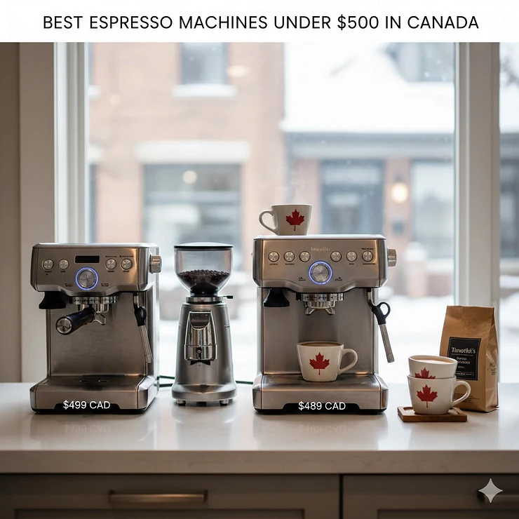Best espresso machine under $500 for a Canadian home kitchen, featuring a stainless steel semi-automatic brewer on a modern countertop.