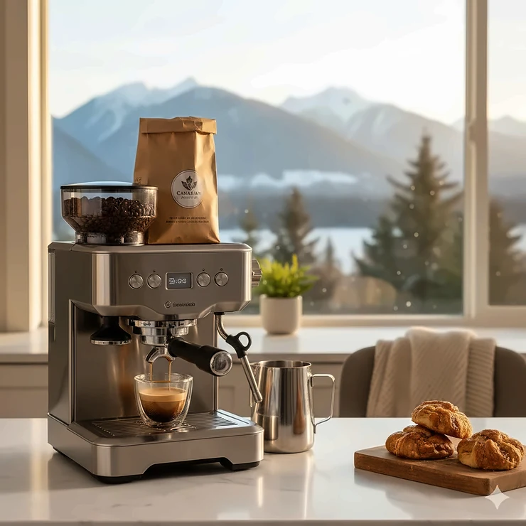 A premium espresso machine with grinder on a modern kitchen counter in a Vancouver home, featuring fresh coffee beans and a view of snow-covered mountains through the window. espresso machine with grinder