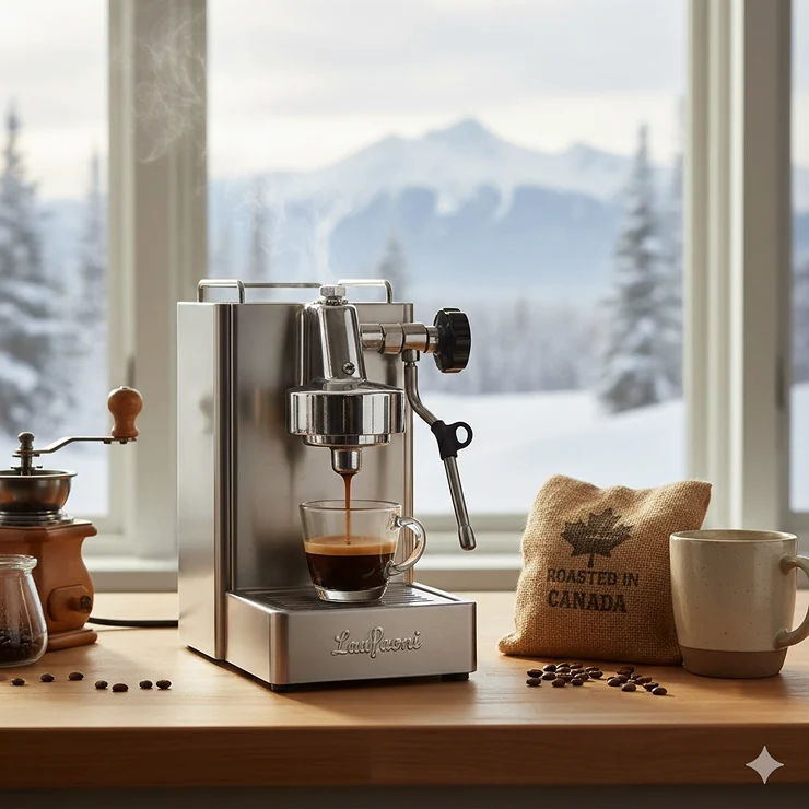 A stainless steel manual espresso machine on a kitchen counter in a Canadian home, brewing a fresh shot of espresso during winter.