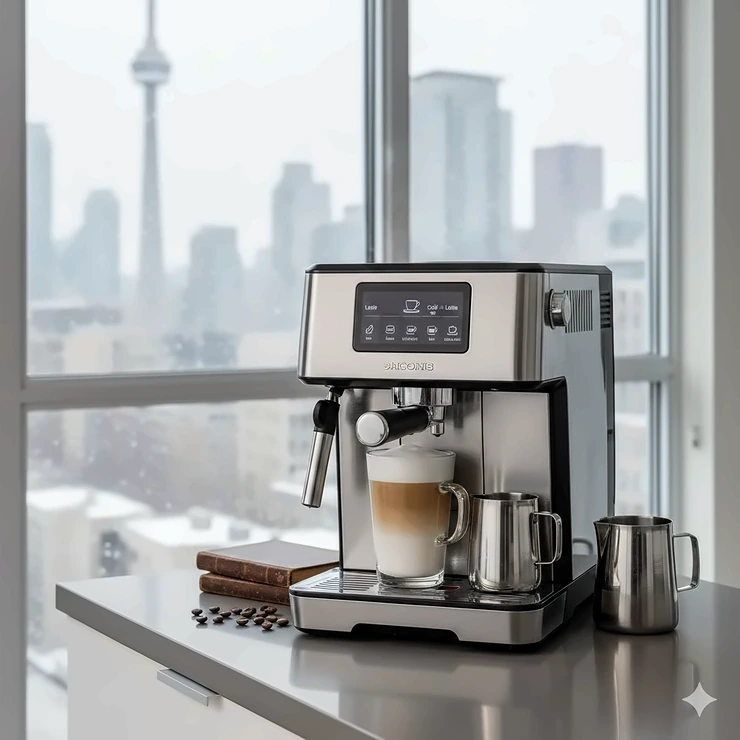 A premium super automatic espresso machine on a modern Toronto condo kitchen counter during a snowy morning.