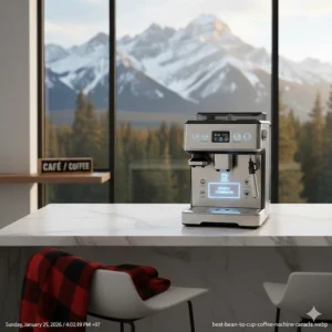 Close-up of a coffee machine touch screen interface with bilingual English and French beverage selection buttons.