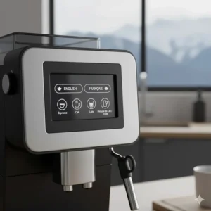 Close-up illustration of a digital espresso machine display featuring bilingual English and French settings.