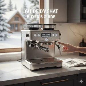Illustration featuring a dual boiler espresso machine with a "Guide d'achat" and "Buyer's Guide" label for Canadian consumers.