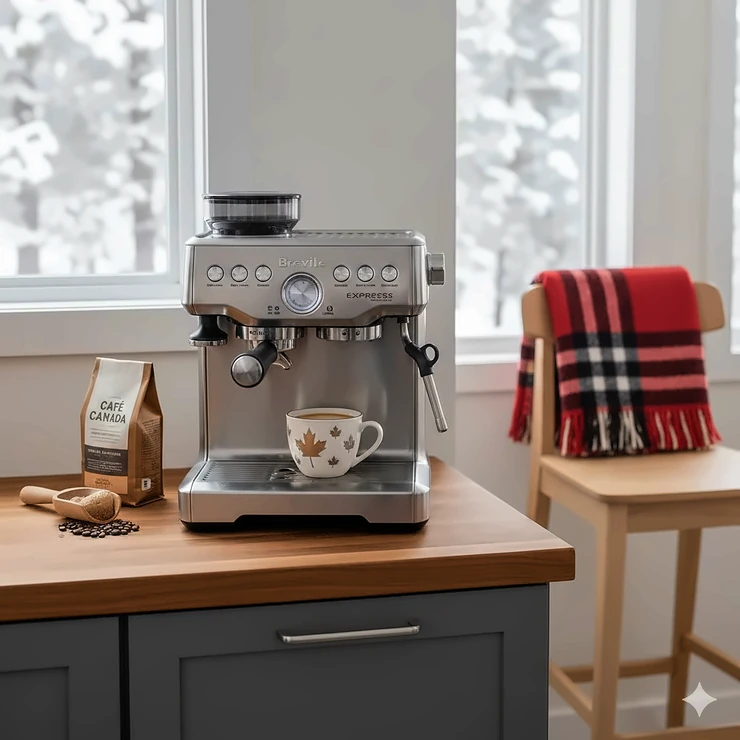 A Breville Barista Express espresso machine on a modern wooden countertop in a bright Canadian home kitchen.