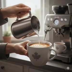 Hand pouring steamed milk into a ceramic mug to create latte art using a Breville Barista Express.