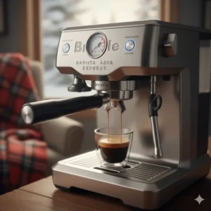 Detailed view of the espresso pressure gauge on a Breville Barista Express ensuring the perfect extraction.