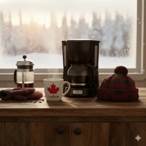 A cozy illustration of a budget drip coffee maker steaming next to a pair of wool mittens and a toque on a cold morning.