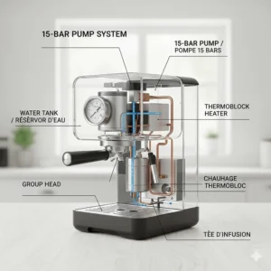 Technical illustration of a 15-bar pump system found in the best budget espresso machines available in Canada.