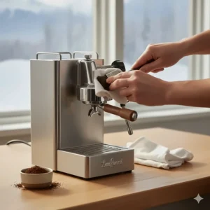 A person cleaning the group head of a manual espresso machine to maintain coffee quality.