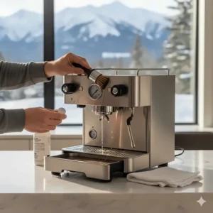 A person performing routine maintenance and descaling on a semi-automatic espresso machine to ensure longevity.
