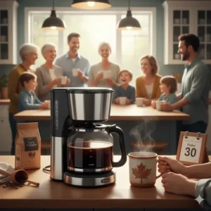 Illustration showing the large capacity of a 12 cup drip coffee maker, ideal for hosting Canadian family gatherings.