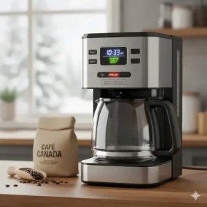 Energy-saving auto-shutoff feature on a 12 cup drip coffee maker, meeting Canadian efficiency standards.