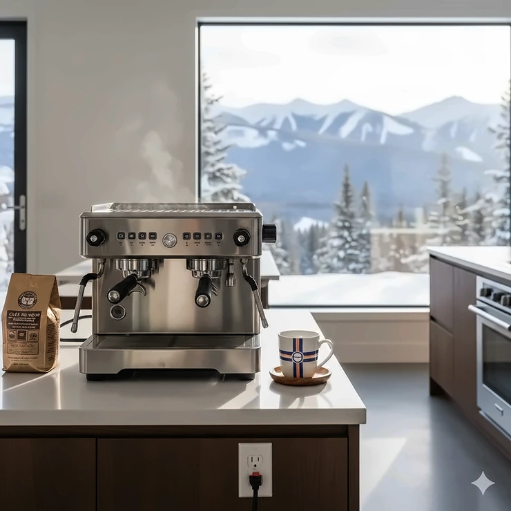 A premium commercial espresso machine for home use in a modern Canadian kitchen featuring stainless steel finishes and a winter view.