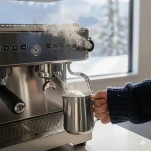 Barista-quality steam wand on a home commercial espresso machine creating microfoam for a latte.