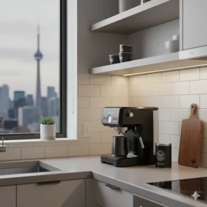 A compact budget espresso maker in a small Canadian urban apartment kitchen, highlighting space-saving appliances.