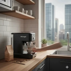 A compact De'Longhi espresso machine fitting perfectly in a small Toronto-style urban condo kitchen.