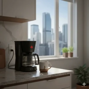 An illustration of a compact budget drip coffee maker fitting perfectly on a small counter in a modern Toronto condo kitchen.