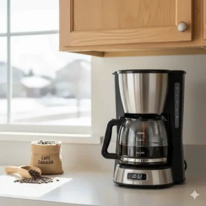 Space-saving 12 cup drip coffee maker design fitting under standard Canadian kitchen cabinets.