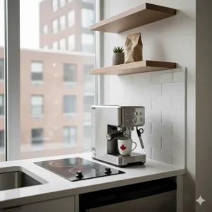 A compact espresso machine under $500 fitting perfectly in a small Toronto-style apartment kitchen or condo coffee nook.