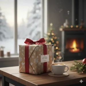 A compact espresso machine wrapped in festive packaging, perfect for a Canadian holiday gift or housewarming.