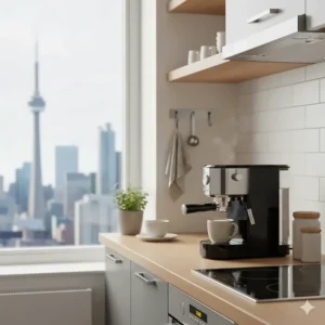 Illustration of a compact espresso machine fitting perfectly in a small Toronto condo kitchen with space-saving features.