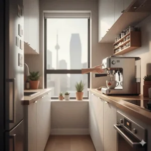 An illustration of a compact espresso machine under $1000 fitting perfectly in a small Toronto condo kitchen space.