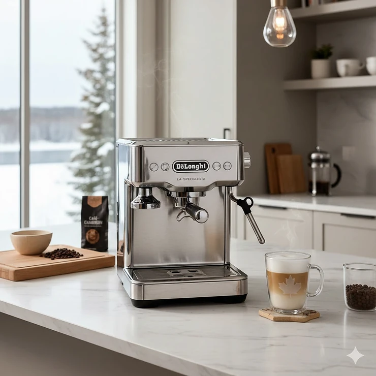 A premium De'Longhi espresso machine on a white marble countertop in a modern Canadian kitchen with a latte in a glass mug. delonghi espresso machine