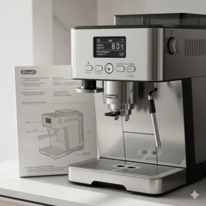 Close-up of a De'Longhi espresso machine interface and manual featuring English and French text for Canadian users.